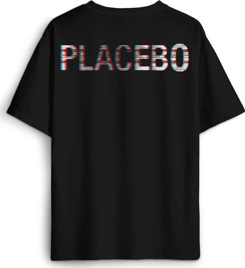 Siyah Oversize Tişört Glitch Placebo Music Molko Rock Müzik Beyaz Sırt Ön Baskılı Unisex T-shirt