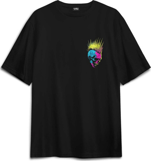 Oversize T-shirt Punk Is Not Dead Guitar Mohawk Rock Music Gitar Skull Baskılı Siyah Unisex Tişört