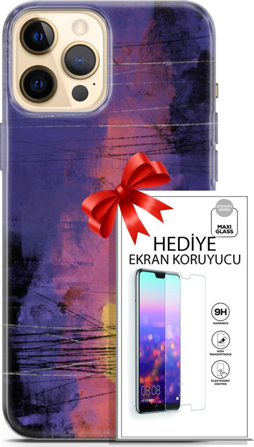 Apple İphone 12 Pro Kılıf Orijinal Seri Nature 04 Mor Kırmızı Silikon Kılıf + Ekran Koruyucu Full Koruma