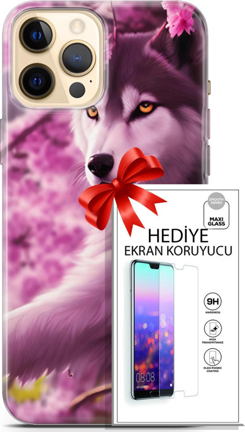 Apple İphone 12 Pro Kılıf Orijinal Seri Dogs 02 Çiçekler Ve Kurt Kapak Ve Ekran Koruyucu