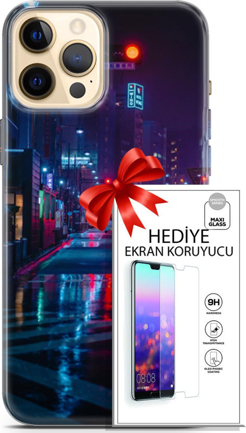 Apple İphone 12 Pro Kılıf Orijinal Seri Cyberpunk 15 Neon Cadde Kalın Silikon + Ekran Koruyucu
