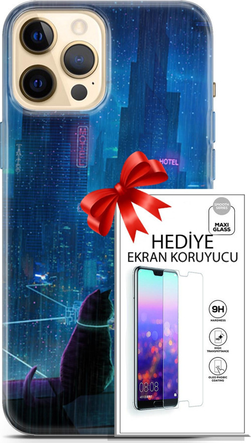 Apple İphone 12 Pro Kılıf Orijinal Seri Cyberpunk 16 Cyber Cat Hediyelik Kılıf Ve Ekran Koruyucu