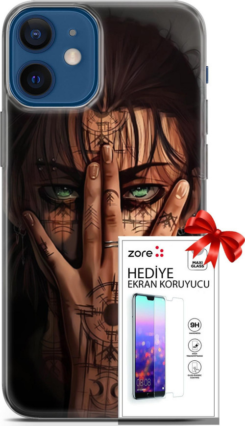 Apple İphone 12 Mini Kılıf Orijinal Seri Supers 22 Eren Yeager Kap + Ekran Koruyucu