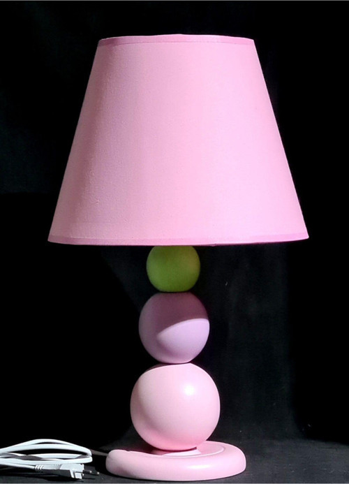 Ahşap Ayaklı Pembe Kumaş Başlıklı Kız Çocuk Odası Abajur Yatak Odası Başlık Çap 25 Cm