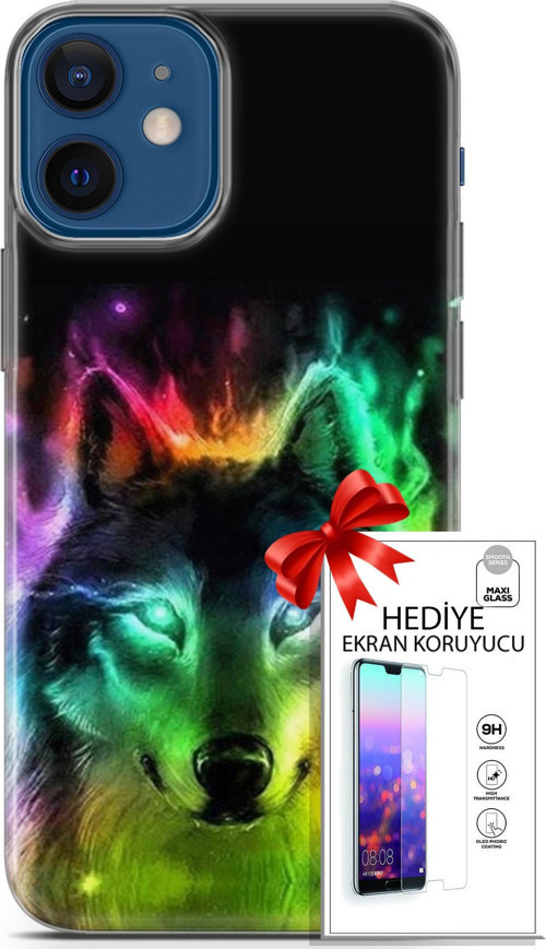 Apple İphone 12 Mini Kılıf Orijinal Seri Cardano 15 Kurt Neon Kalın Silikon + Ekran Koruyucu