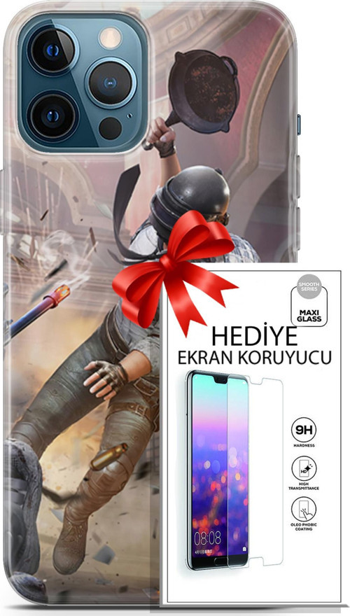 Apple İphone 12 Pro Max Kılıf Orijinal Seri Pubg 07 Kravatlı Karakter Desenli Kılıf + Ön Ekran Koruyucu