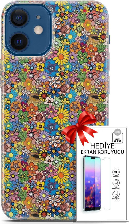 Apple İphone 12 Mini Kılıf Orijinal Seri Cardano 06 Küçük Çiçekler Koruyucu Kapak Ekran Koruyucu