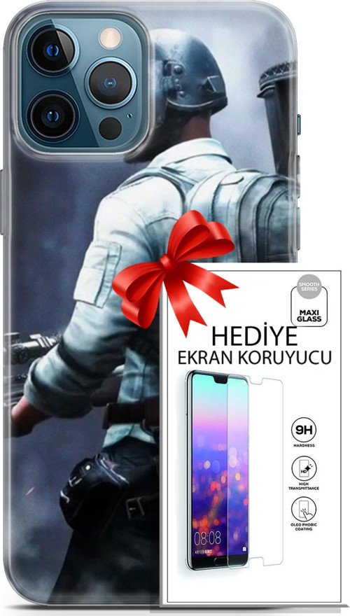 Apple İphone 12 Pro Max Kılıf Orijinal Seri Pubg 11 Sırt Çantalı 4K Baskılı Kılıf + Ekran Koruyucu F