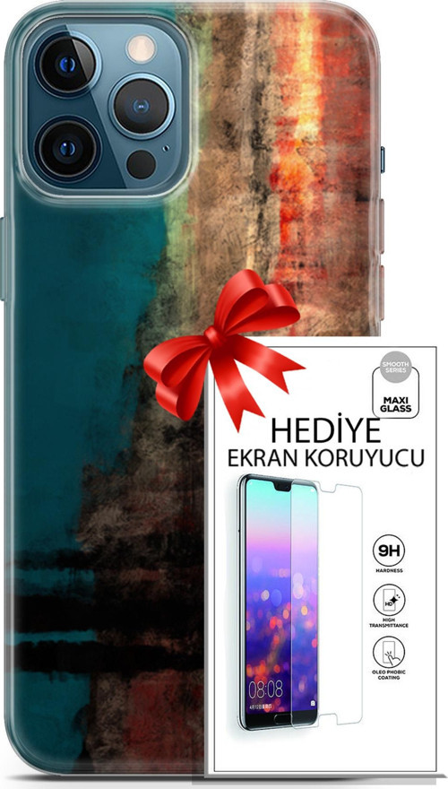 Apple İphone 12 Pro Max Kılıf Orijinal Seri Nature 03 Yeşil Turuncu Taş Arka Kapak + Ekran Koruyucu