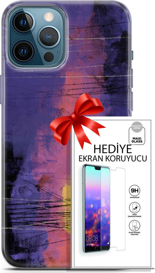 Apple İphone 12 Pro Max Kılıf Orijinal Seri Nature 04 Mor Kırmızı Silikon Kılıf + Ekran Koruyucu Ful