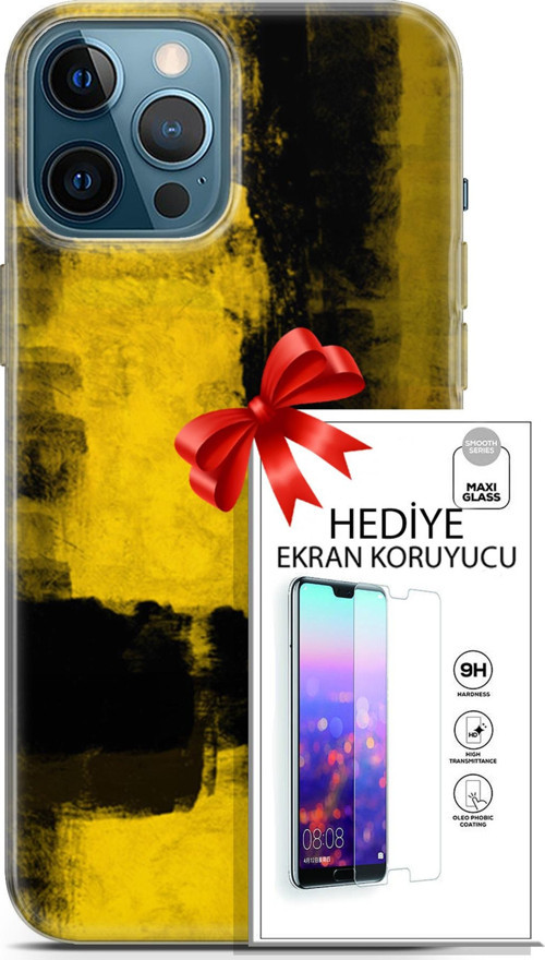 Apple İphone 12 Pro Max Kılıf Orijinal Seri Nature 08 Sarı Siyah Baskılı Kılıf + Ekran Koruyucu
