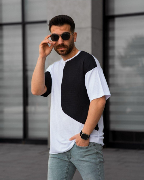 Tişört Erkek Parçalı Desen Regular Fit Bisiklet Yaka Bürümcük Tshirt Erkek T-Shirt