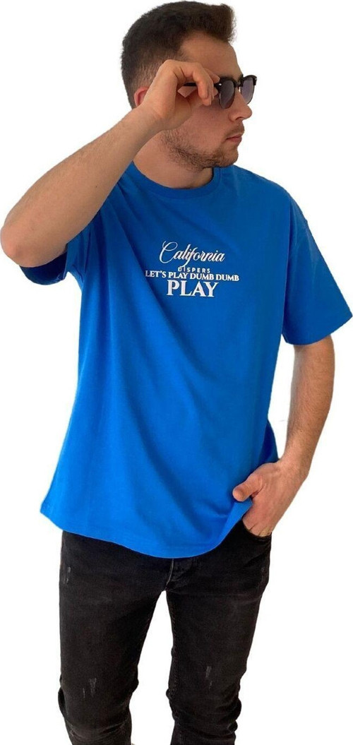 Erkek Tişört Baskılı Bisiklet Yaka Oversize Saks Mavi Comfort T-Shirt Erkek Tshirt