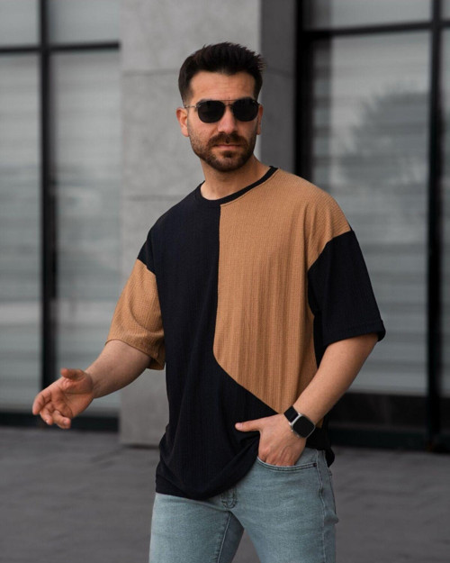 Tişört Erkek Parçalı Desen Regular Fit Bisiklet Yaka Bürümcük Tshirt Erkek T-Shirt