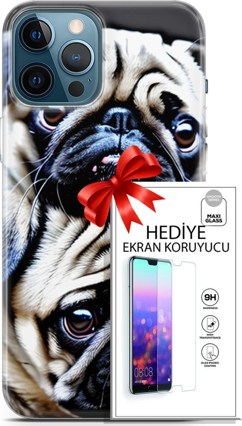 Apple İphone 12 Pro Max Kılıf Orijinal Seri Dogs 20 İkili Pug Renkli Kılıf Ekran Koruyucu