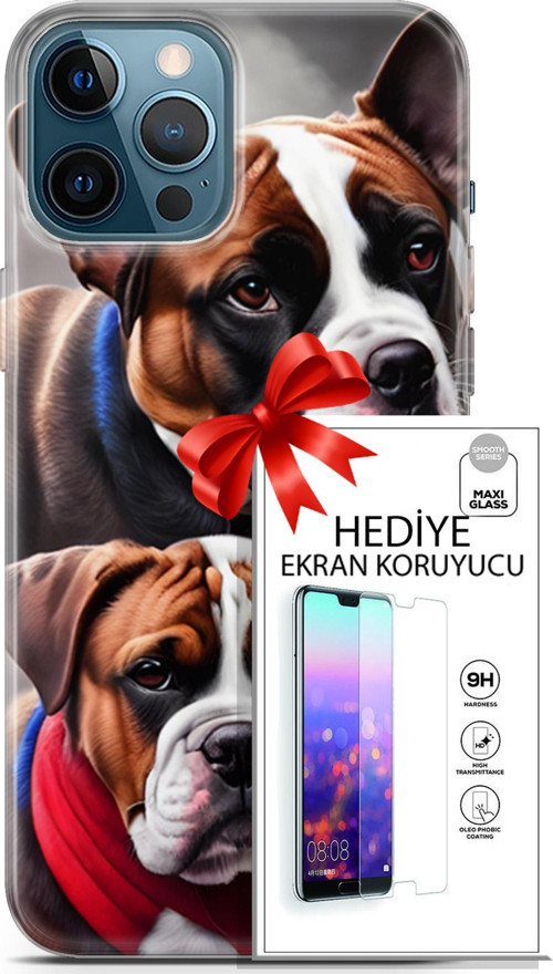 Apple İphone 12 Pro Max Kılıf Orijinal Seri Dogs 25 Alman Boksör Soyulmayan Kılıf + Ekran Koruyucu F