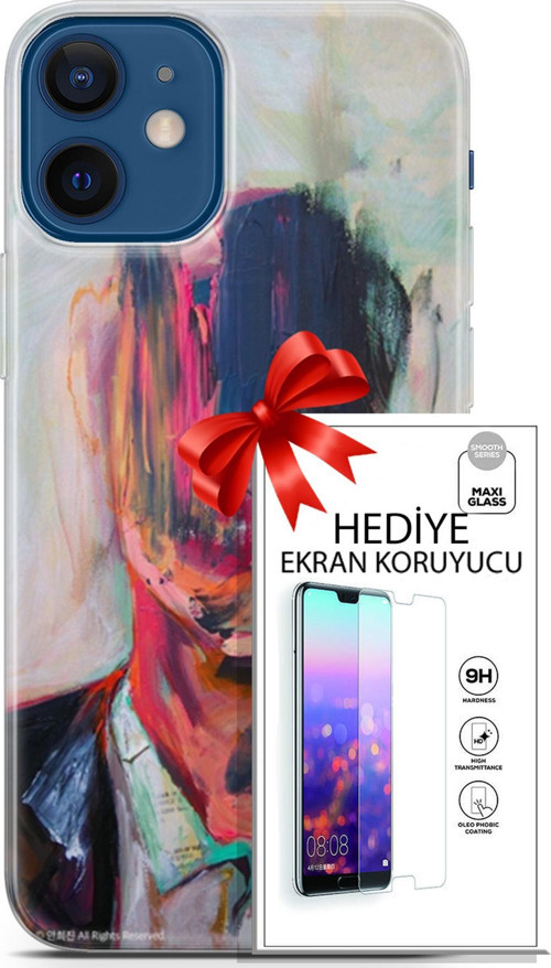 Apple İphone 12 Mini Kılıf Orijinal Seri Soul 22 Acivert Pembe Kap + Ekran Koruyucu