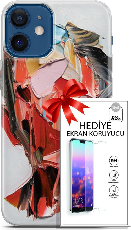Apple İphone 12 Mini Kılıf Orijinal Seri Soul 09 Pembe Kırmızı Mavi Uv Kılıf Ve Ekran Koruyucu