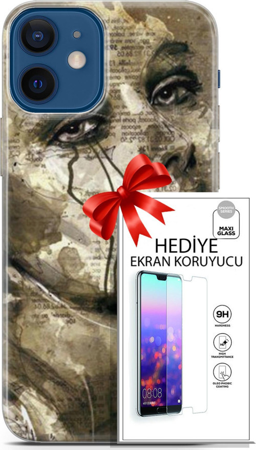 Apple İphone 12 Mini Kılıf Orijinal Seri Soul 17 Ağlayan Yüz Yumuşak Kılıf + Ekran Koruyucu