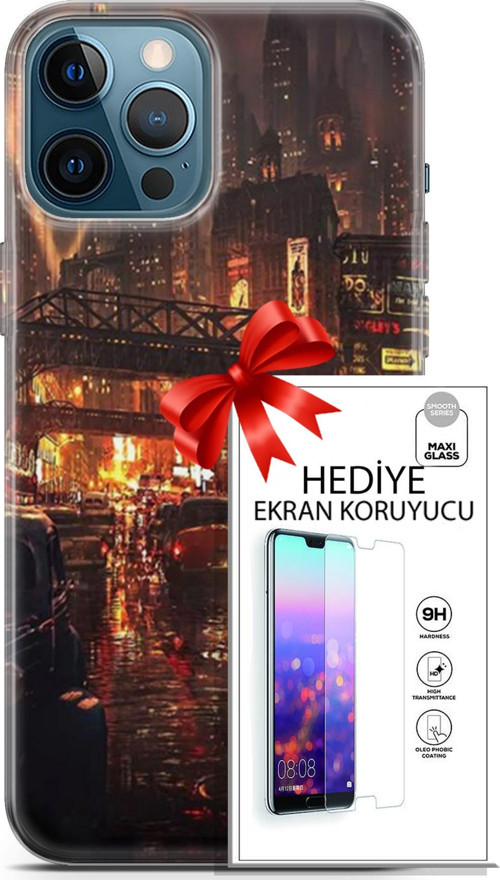 Apple İphone 12 Pro Max Kılıf Orijinal Seri Cyberpunk 23 Gökdelenler Telefon Kabı Ve Ekran Koruyucu
