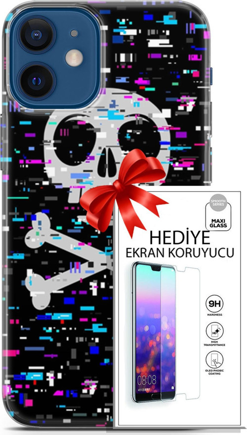 Apple İphone 12 Mini Kılıf Orijinal Seri Cyberpunk 01 Kurukafa Telefon Kılıfı + Ekran Koruyucu