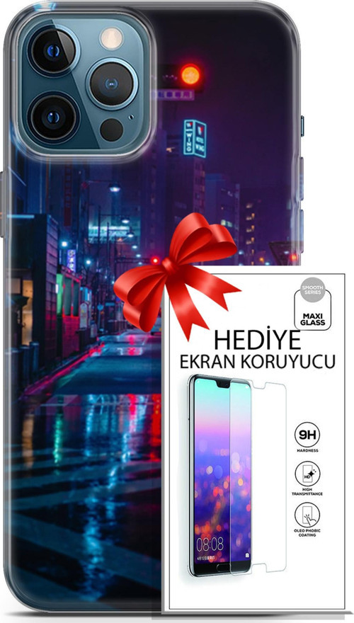 Apple İphone 12 Pro Max Kılıf Orijinal Seri Cyberpunk 15 Neon Cadde Kalın Silikon + Ekran Koruyucu
