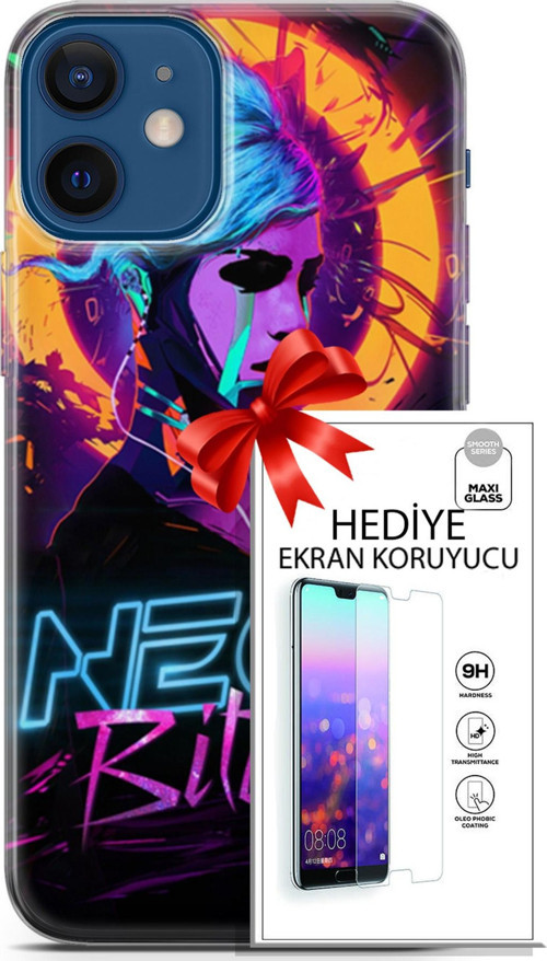 Apple İphone 12 Mini Kılıf Orijinal Seri Cyberpunk 25 Neon Soyulmayan Kılıf + Ekran Koruyucu Full Koruma
