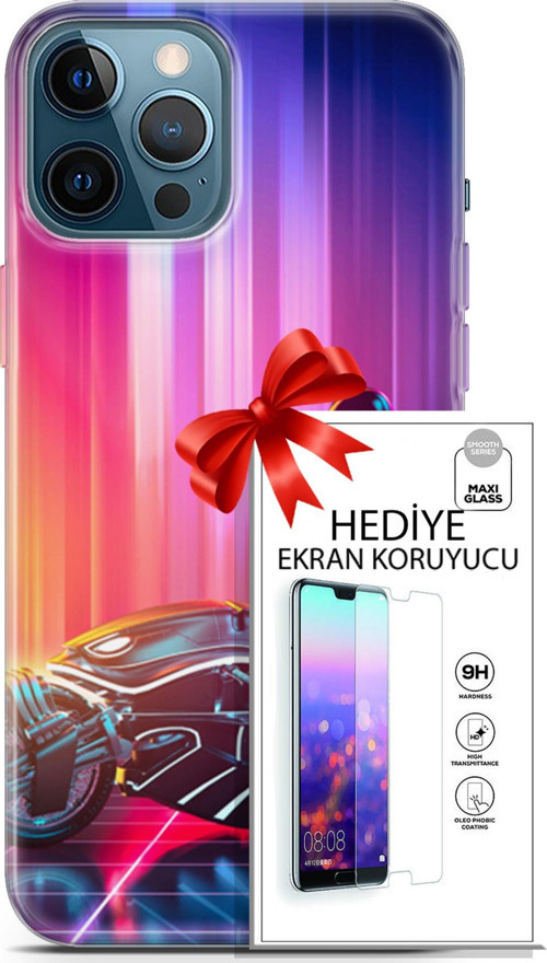 Apple İphone 12 Pro Max Kılıf Orijinal Seri Cyberpunk 08 Punk Motorsiklet Baskılı Kılıf + Ekran Koruyucu