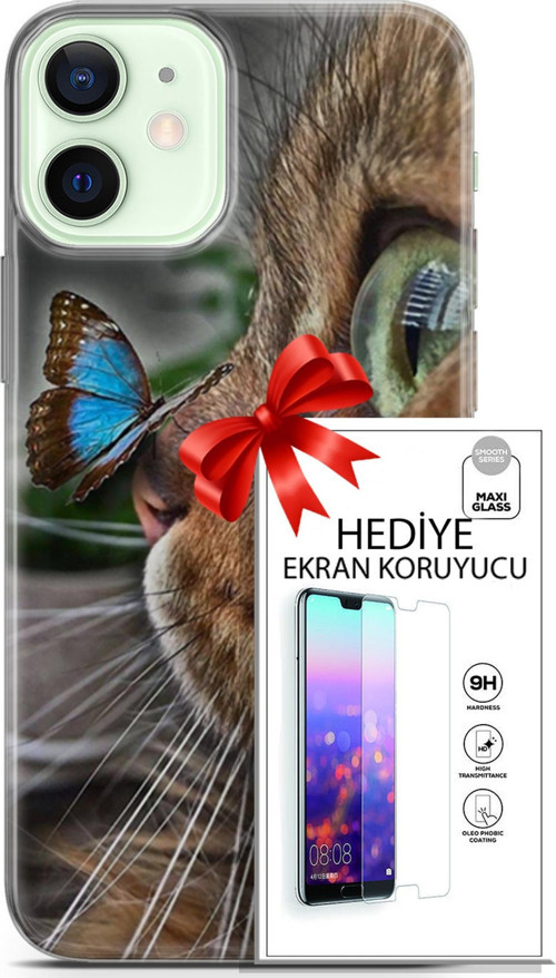 Apple İphone 12 Kılıf Orijinal Seri Scotish-British 12 Munchkin Kelebek Tasarım Kılıf + Ekran Koruyucu