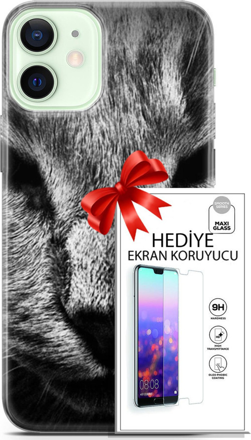 Apple İphone 12 Kılıf Orijinal Seri Scotish-British 23 Gri Detay Kedi Telefon Kabı Ve Ekran Koruyucu