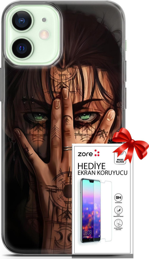Apple İphone 12 Kılıf Orijinal Seri Supers 22 Eren Yeager Kap + Ekran Koruyucu