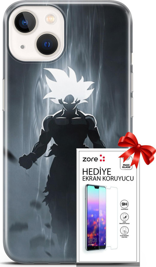 Apple İphone 13 Mini Kılıf Orijinal Seri Supers 27 Dark Goku Lazer Kesim Silikon Ekran Koruyucu
