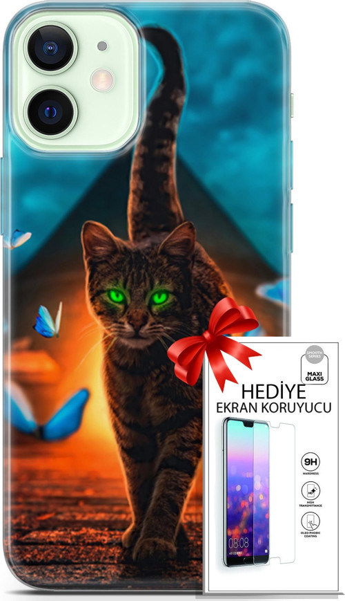 Apple İphone 12 Kılıf Orijinal Seri Algorand 09 Yeşil Neon Kedi Uv Kılıf Ve Ekran Koruyucu