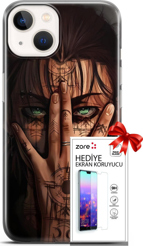 Apple İphone 13 Mini Kılıf Orijinal Seri Supers 22 Eren Yeager Kap + Ekran Koruyucu