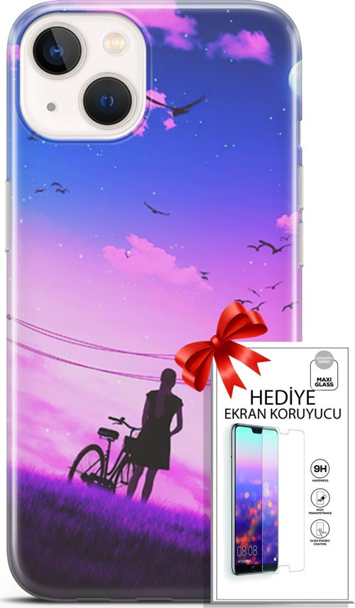 Apple İphone 13 Mini Kılıf Orijinal Seri Algorand 28 Bisikletli Kız İz Bırakmayan Kılıf + Ön Ekran Koruyucu