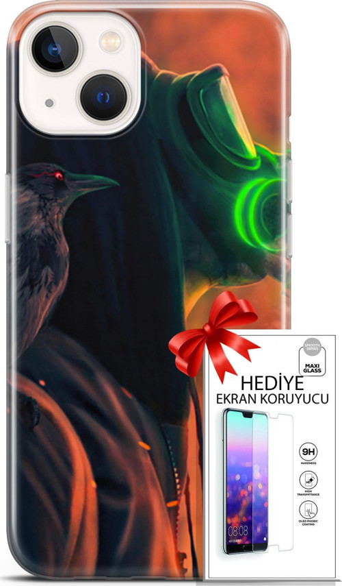 Apple İphone 13 Mini Kılıf Orijinal Seri Algorand 01 Gaz Maskeli Telefon Kılıfı + Ekran Koruyucu