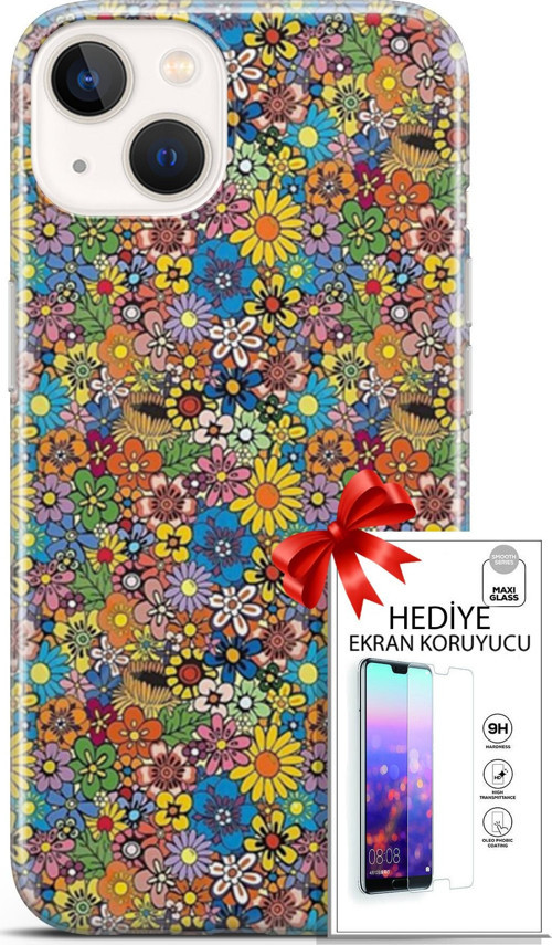 Apple İphone 13 Mini Kılıf Orijinal Seri Cardano 06 Küçük Çiçekler Koruyucu Kapak Ekran Koruyucu