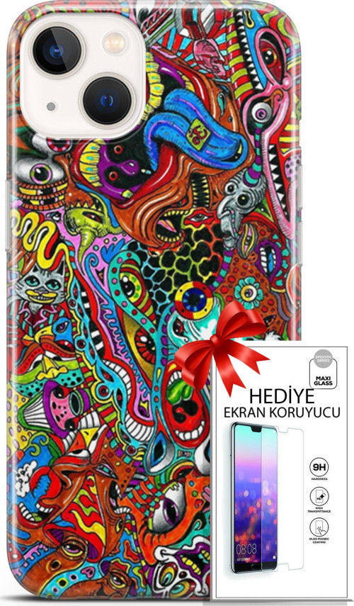 Apple İphone 13 Mini Kılıf Orijinal Seri Cardano 02 Grafitti Kapak Ve Ekran Koruyucu