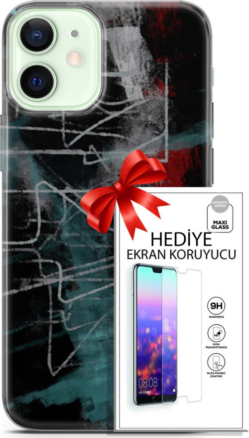 Apple İphone 12 Kılıf Orijinal Seri Nature 07 Gri Çizgiler Desenli Kılıf + Ön Ekran Koruyucu