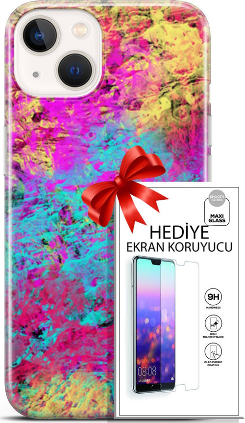 Apple İphone 13 Mini Kılıf Orijinal Seri Nature 29 Çok Renkli Leke Tutmaz Kapak + Ekran Koruyucu