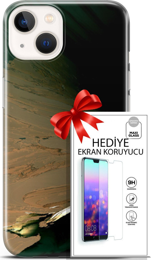 Apple İphone 13 Mini Kılıf Orijinal Seri Nature 02 Yeşil Sarı Kapak Ve Ekran Koruyucu