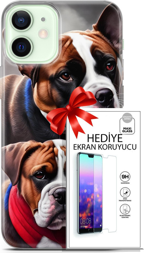 Apple İphone 12 Kılıf Orijinal Seri Dogs 25 Alman Boksör Soyulmayan Kılıf + Ekran Koruyucu Full Koruma