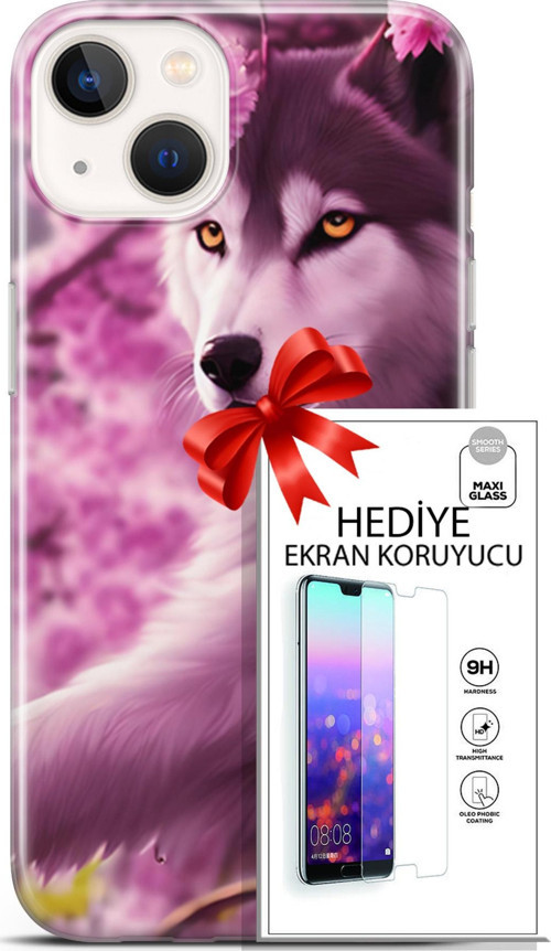 Apple İphone 13 Mini Kılıf Orijinal Seri Dogs 02 Çiçekler Ve Kurt Kapak Ve Ekran Koruyucu