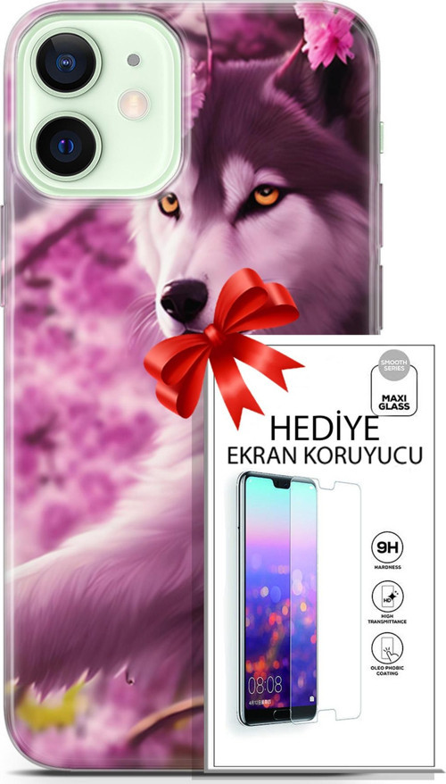 Apple İphone 12 Kılıf Orijinal Seri Dogs 02 Çiçekler Ve Kurt Kapak Ve Ekran Koruyucu