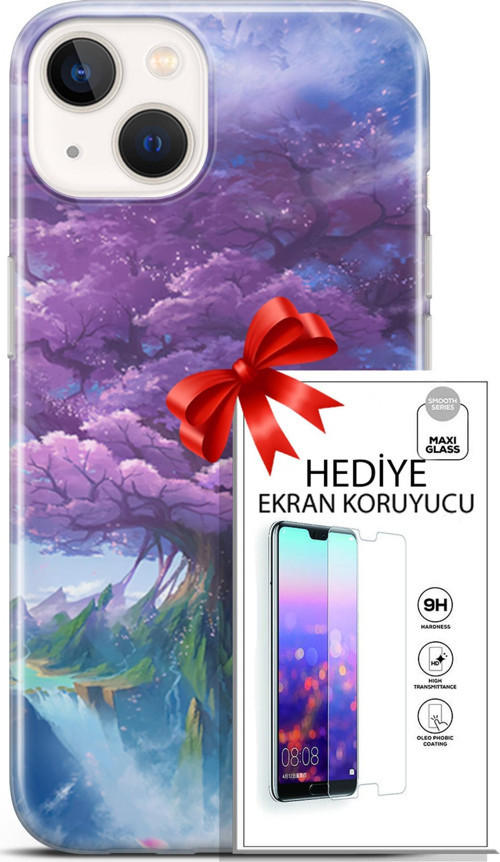 Apple İphone 13 Mini Kılıf Orijinal Seri Fantasy 27 Bahar Ağaç Lazer Kesim Silikon Ekran Koruyucu
