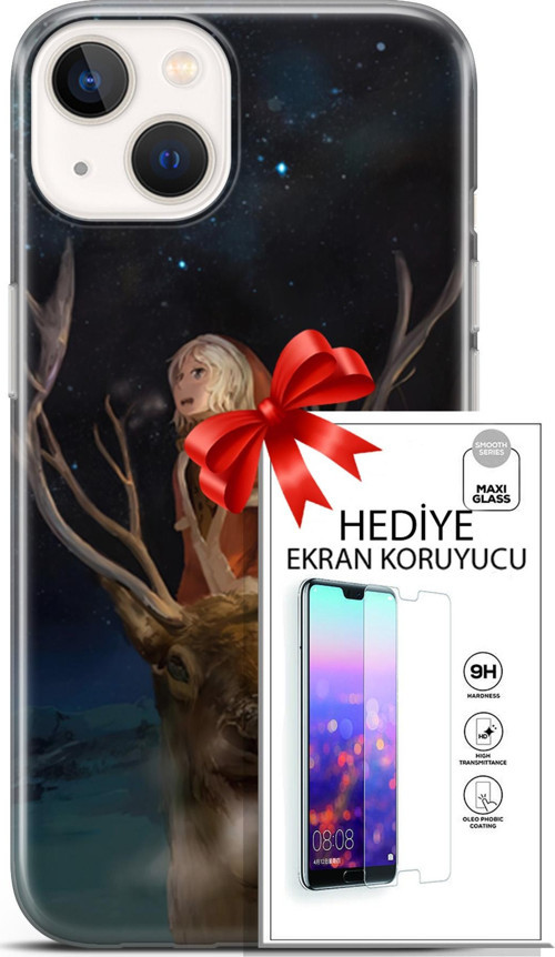 Apple İphone 13 Mini Kılıf Orijinal Seri Fantasy 18 Geyik Kız Parlak Kılıf + Ekran Koruyucu Full Koruma