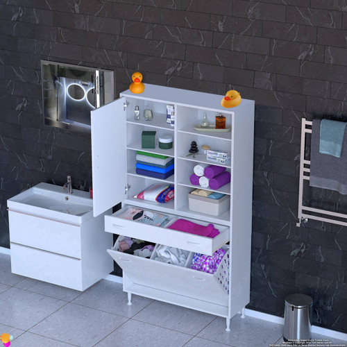 AFRA 55x173x32,5cm 1 Çekmece, 1 Göz Sepet, 1 Kapak, 8 Raf Dar Alan Banyo Dolabı