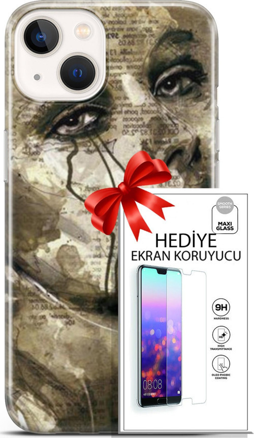 Apple İphone 13 Mini Kılıf Orijinal Seri Soul 17 Ağlayan Yüz Yumuşak Kılıf + Ekran Koruyucu