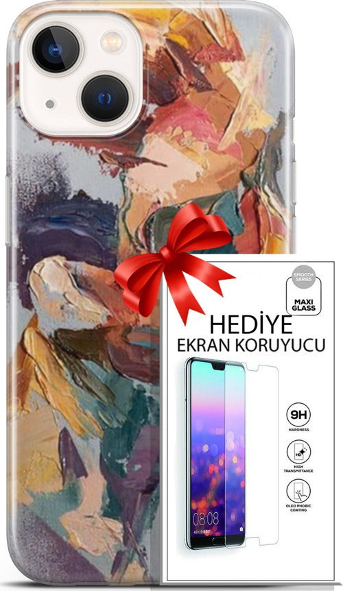 Apple İphone 13 Mini Kılıf Orijinal Seri Soul 04 Soyut Silikon Kılıf + Ekran Koruyucu Full Koruma