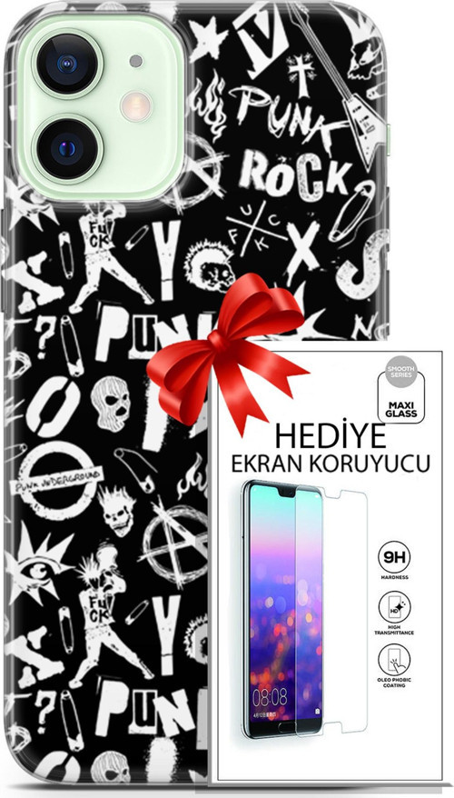 Apple İphone 12 Kılıf Orijinal Seri Punky 18 Rock Punk Parlak Kılıf + Ekran Koruyucu Full Korumak